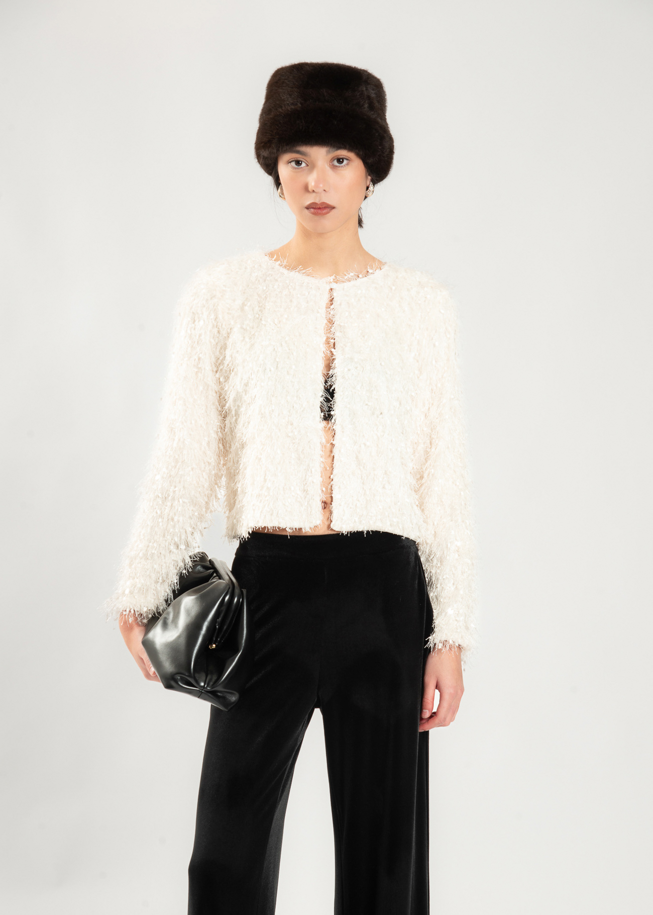 Giacca corta ecofur con paillettes