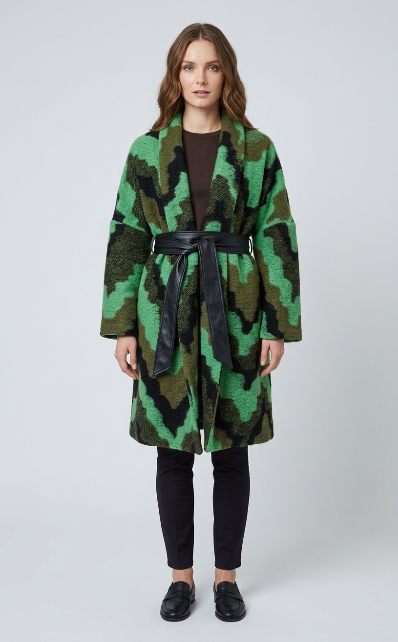 Oversized Wool Blend Coat with Green and Black Geometric Pattern