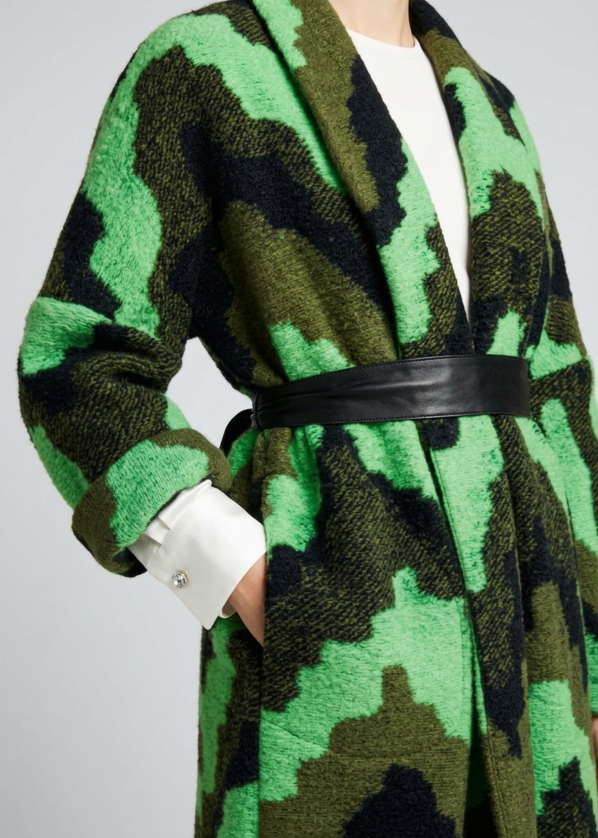 Oversized Wool Blend Coat with Green and Black Geometric Pattern