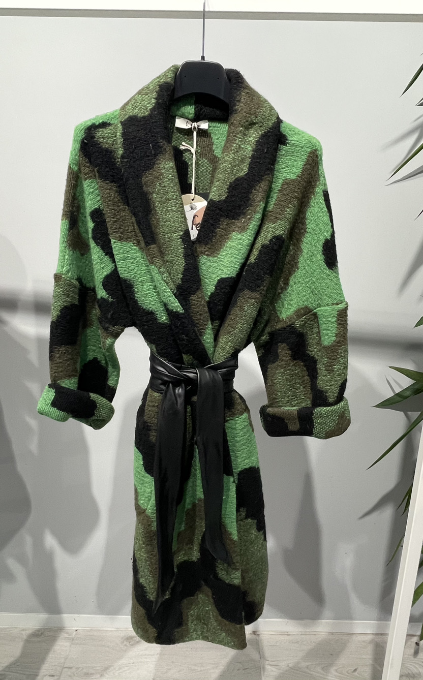 Oversized Wool Blend Coat with Green and Black Geometric Pattern