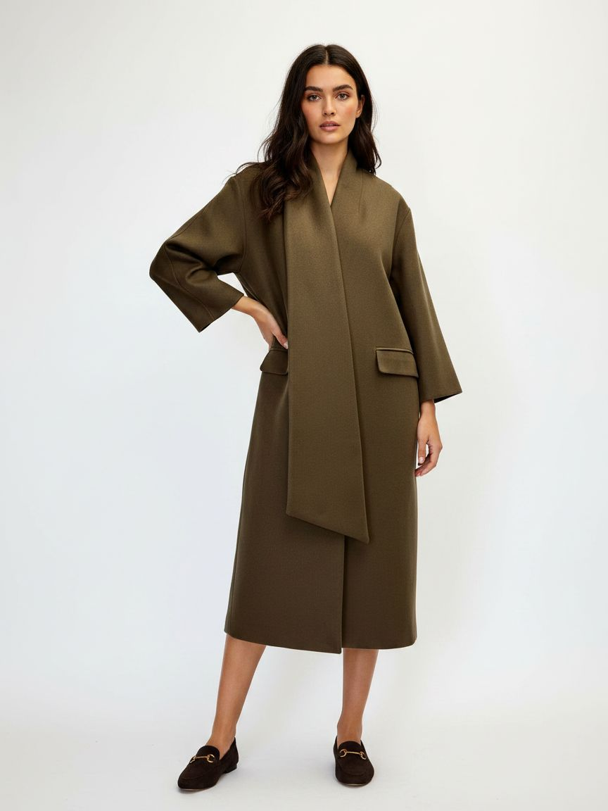 Coat with decorative scarf