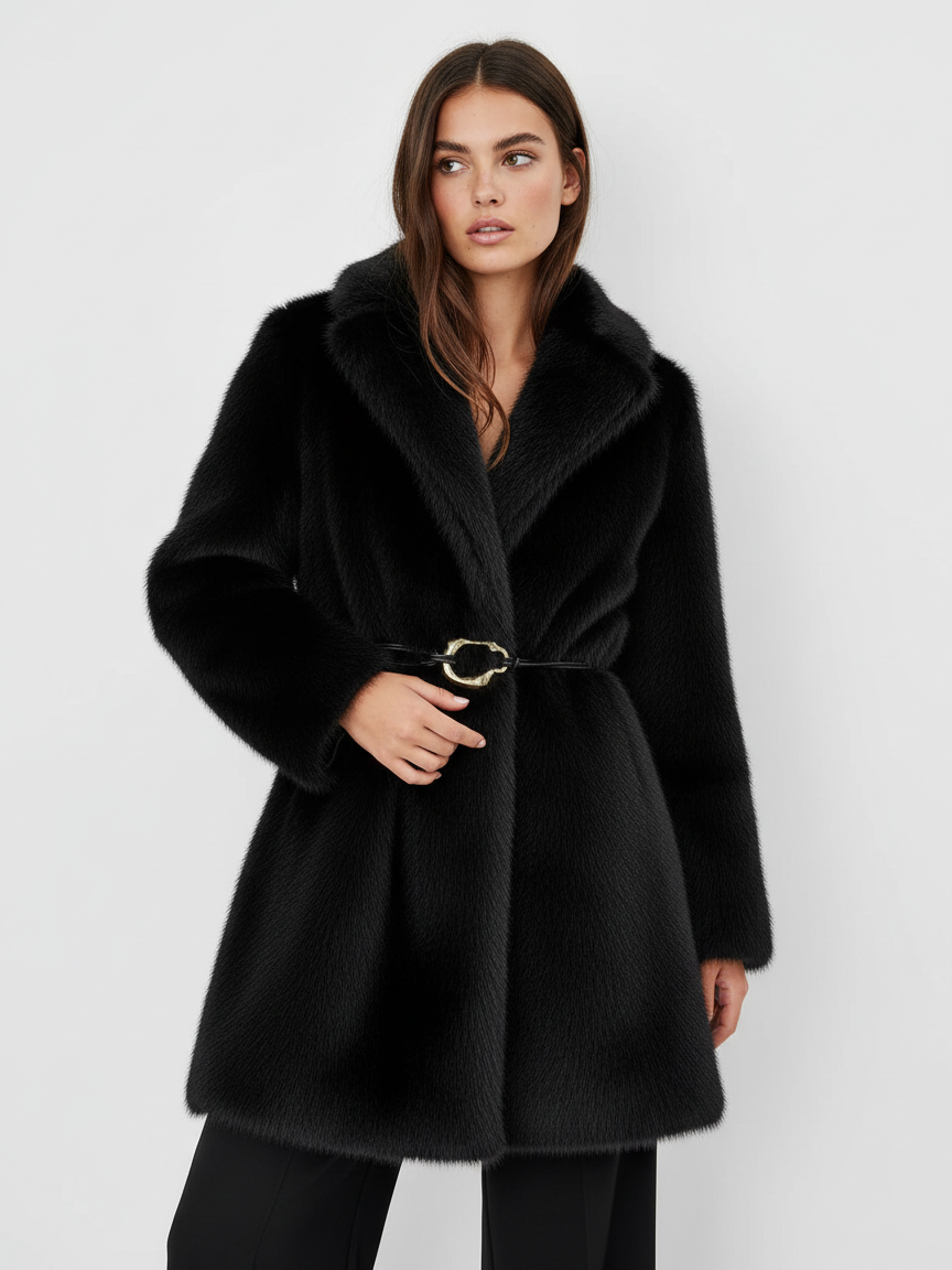 Faux fur coat with belt