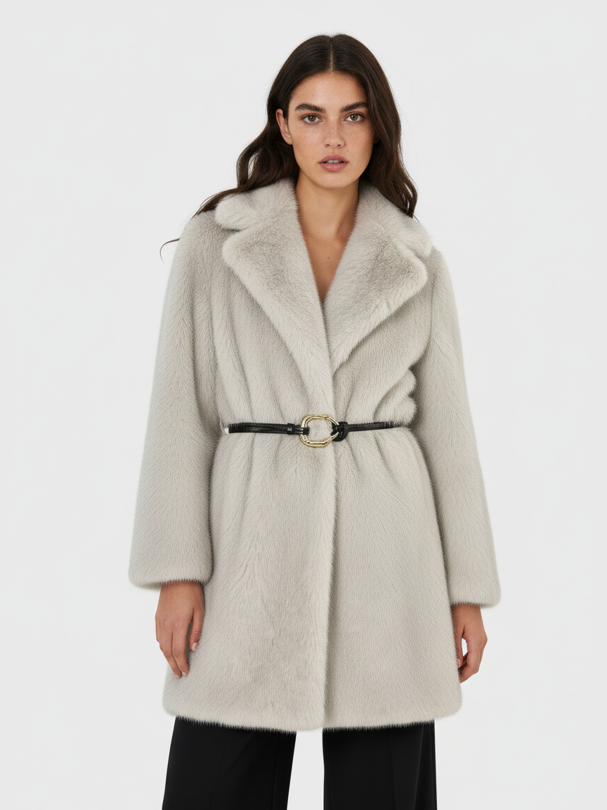 Faux fur coat with belt