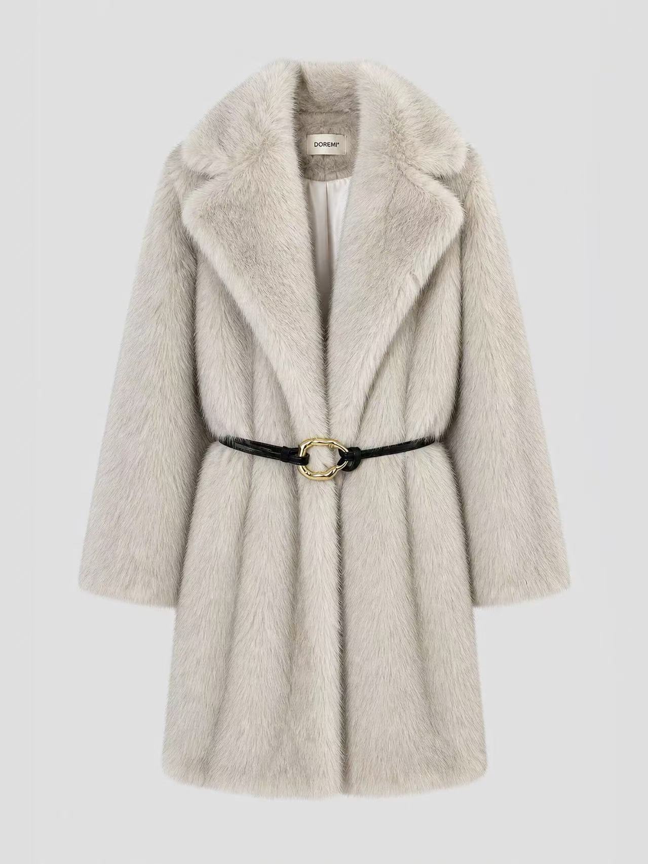 Faux fur coat with belt