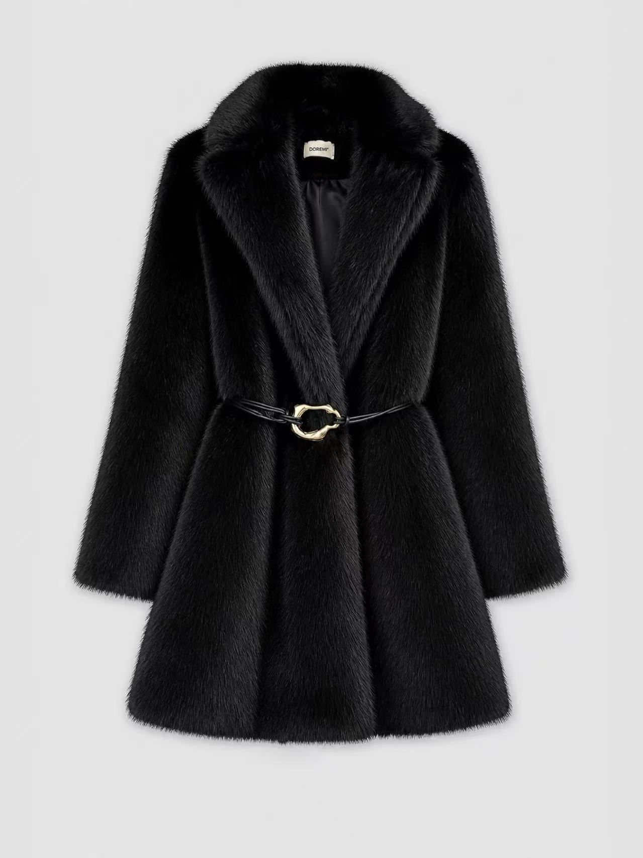 Faux fur coat with belt