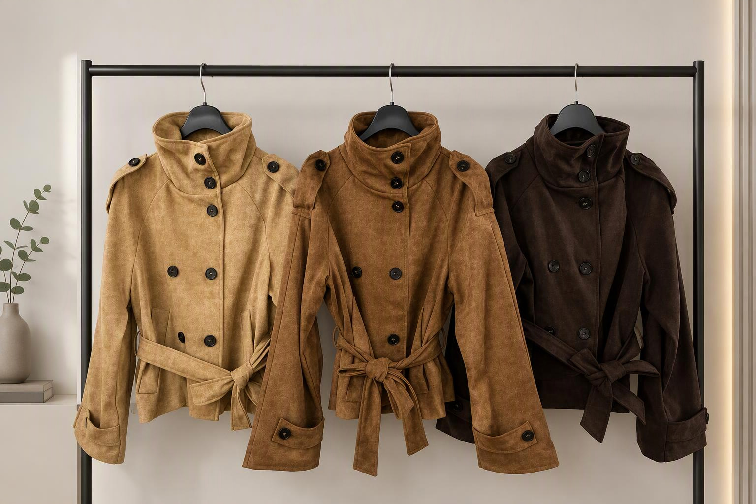 FAUX SUEDE HIGH NECK SHORT TRENCH COAT