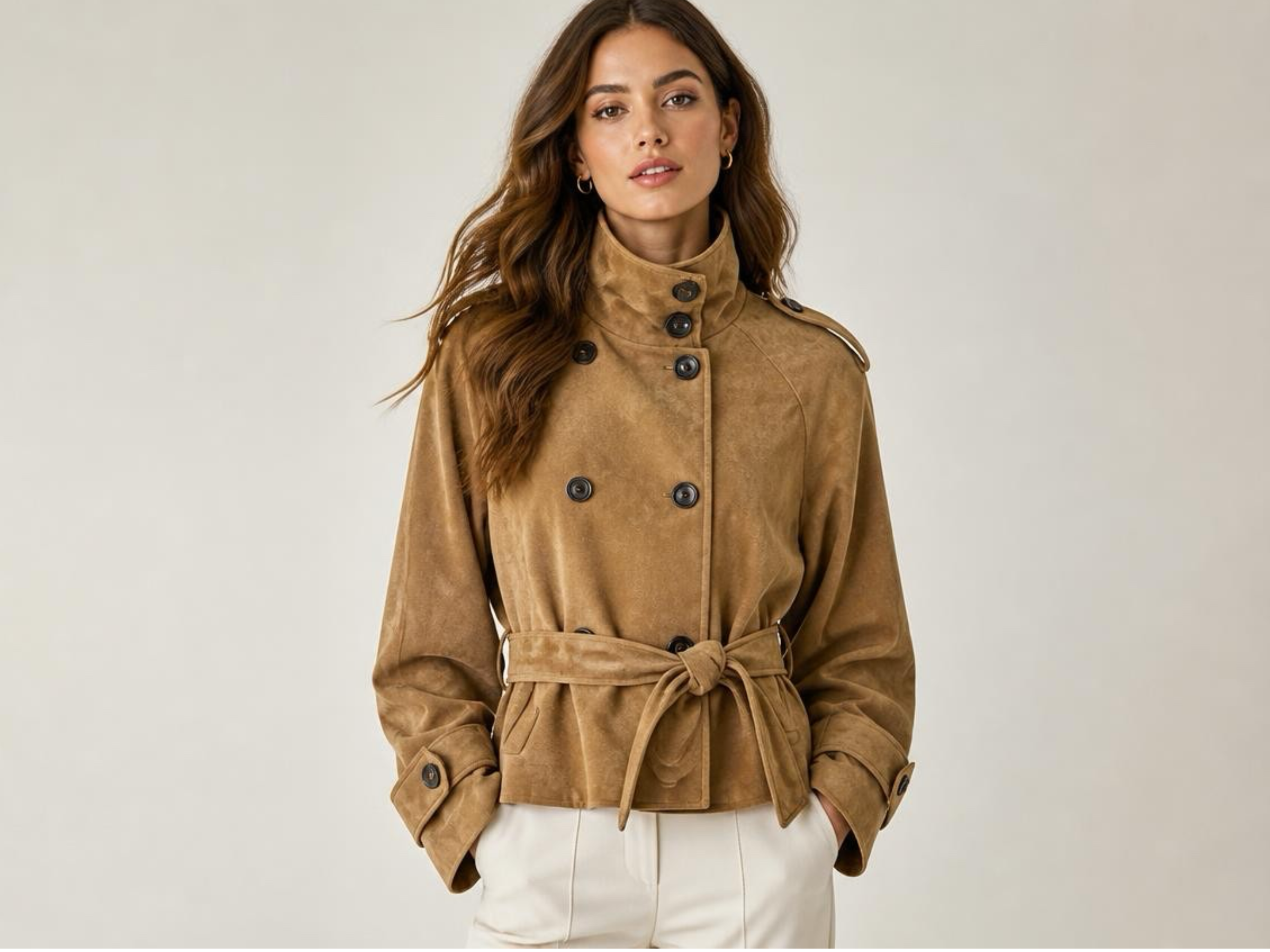 FAUX SUEDE HIGH NECK SHORT TRENCH COAT