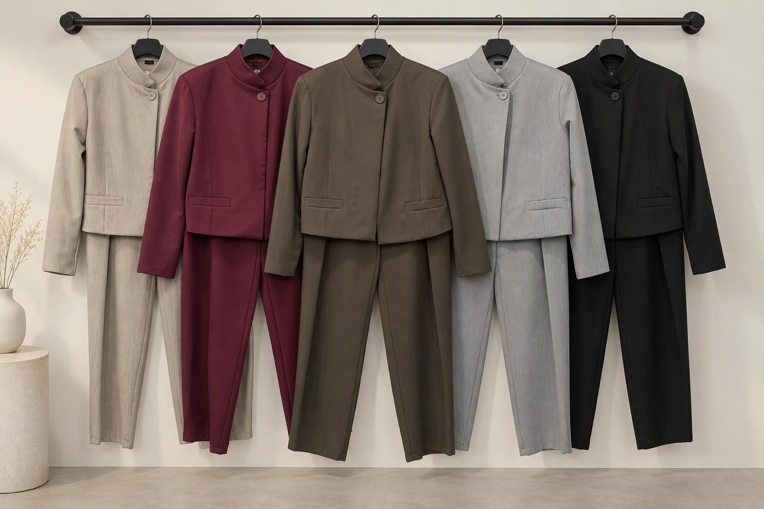 CROPPED MANDARIN COLLAR JACKET WITH HIGH WAISTED TROUSERS