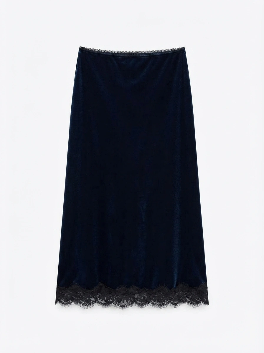 Gonna midi in velluto con orlo in pizzo nero
